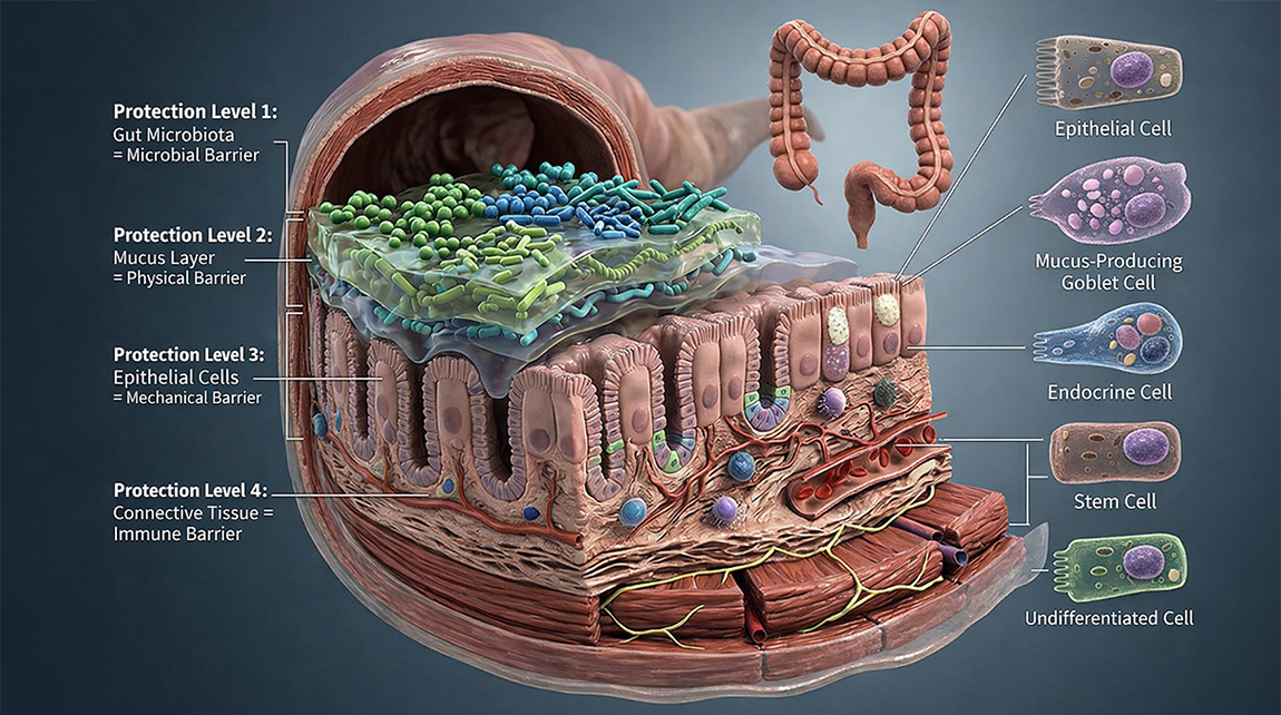 Intestinal barrier - four protective layers - intestinal mucosa, intestinal epithelium, immunological barrier